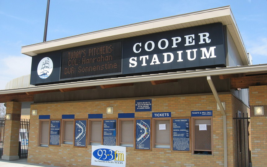 Ticket windows under a stadium marquee