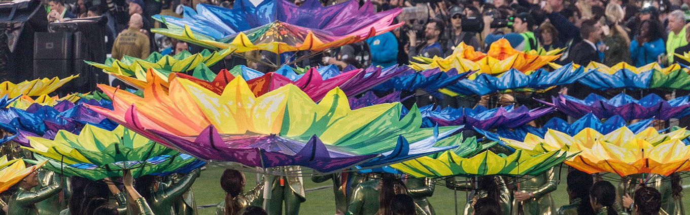 Performers in gold costumes holding large coloured flower panels on the field, the crowd packed behind them