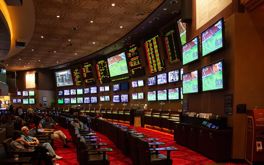 A long wall of betting screens and odds boards above a seating floor